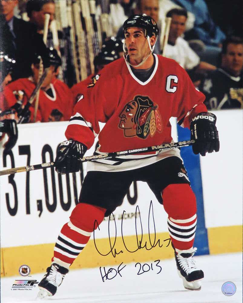 Chris Chelios Signed Chicago Blackhawks Red Jersey Action 16x20 Photo w/HOF 2013 - Schwartz Authentic