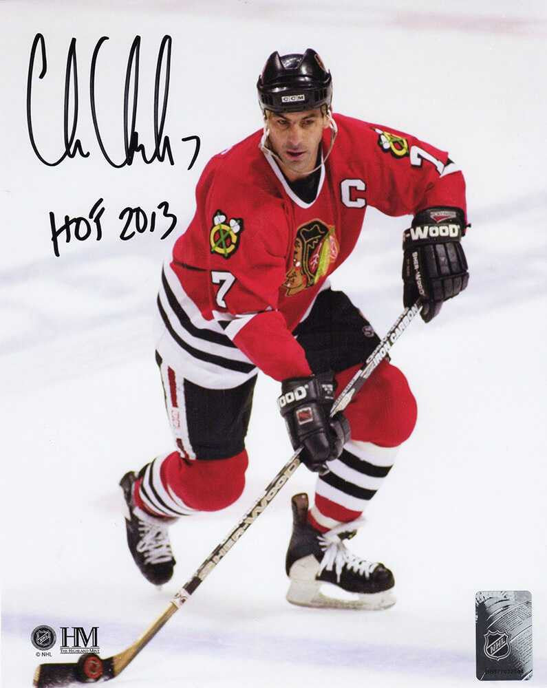 Chris Chelios Signed Chicago Blackhawks With Puck Action 8x10 Photo w/HOF 2013 - Schwartz Authentic