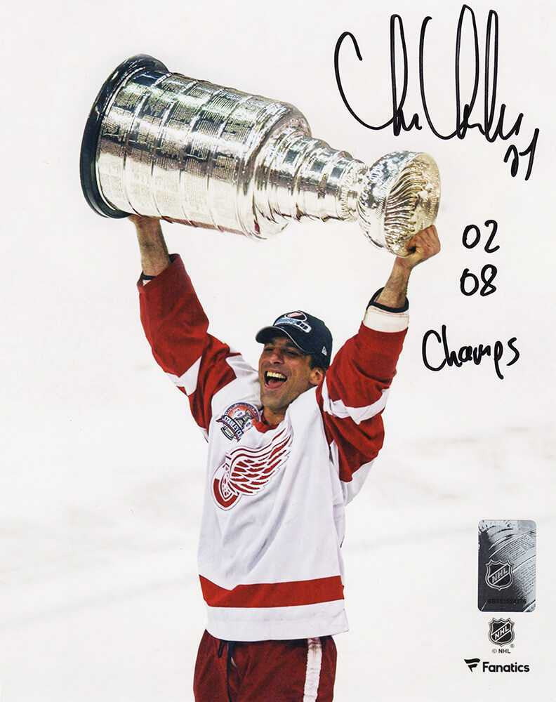 Chris Chelios Signed Detroit Red Wings Holding Stanley Cup 8x10 Photo w/02, 08 Champs - Schwartz Authentic