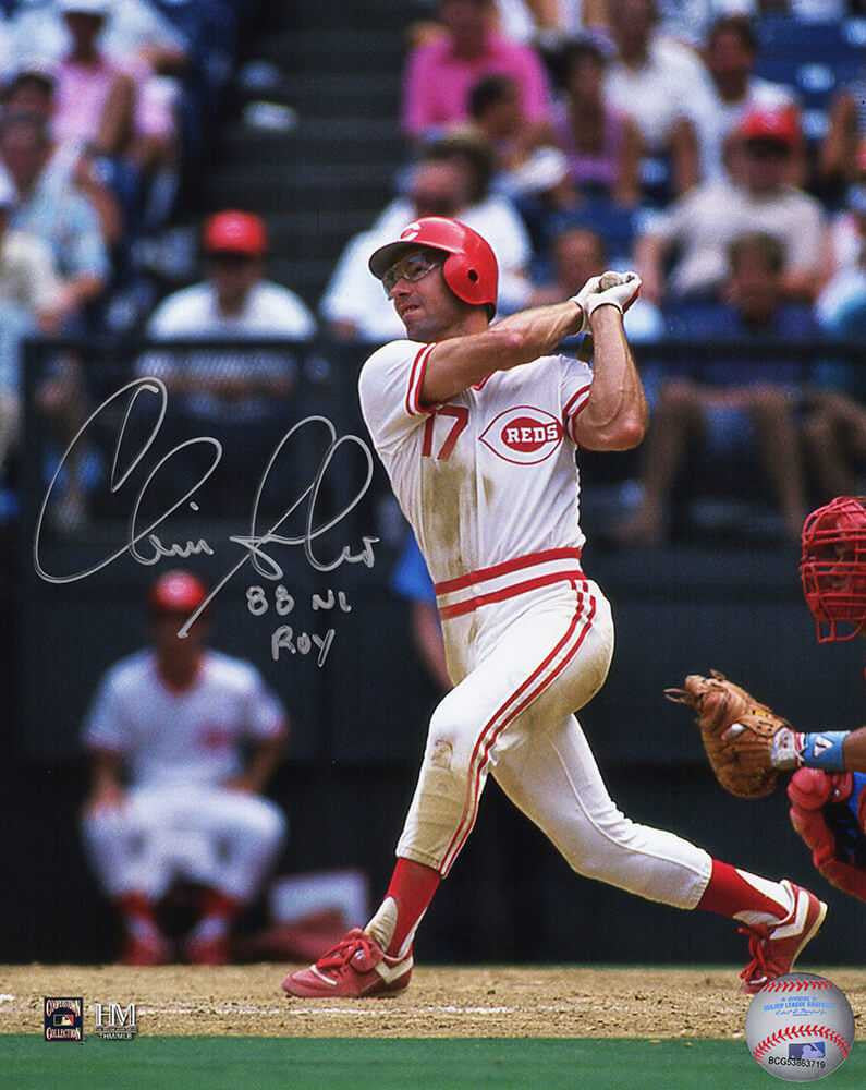 Chris Sabo Signed Cincinnati Reds Swinging Action 8x10 Photo w/88 NL ROY - Schwartz Authenticated