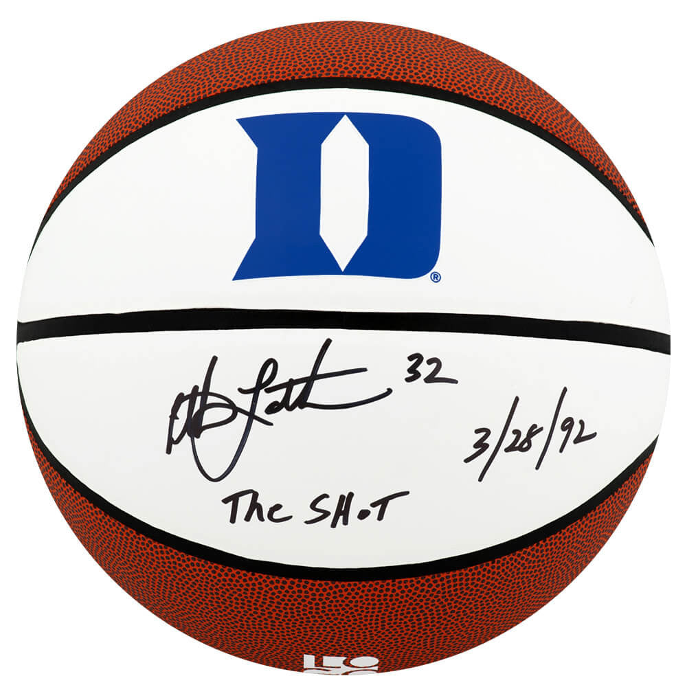 Christian Laettner Signed Duke Blue Devils Logo Brands White Logo Basketball w/The Shot 3-28-92 - Schwartz Authenticated