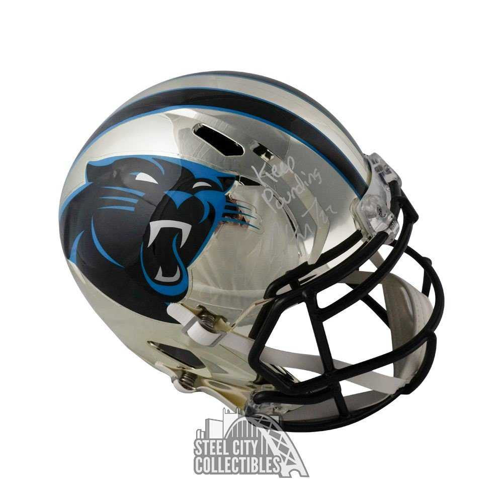 Christian McCaffrey “Keep Pounding” Signed Panthers Chrome Full Size Helmet – BAS COA