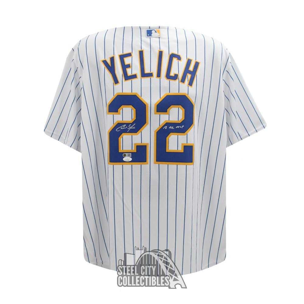 Christian Yelich Autographed Milwaukee 18 NL MVP Majestic Pinstripe Baseball Jersey - JSA
