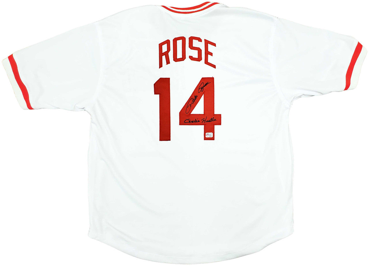 Cincinnati Reds Pete Rose Autographed White Jersey "Charlie Hustle" – Pete Rose Holo