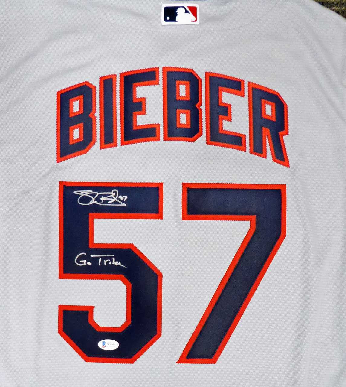 Cleveland Indians Shane Bieber Autographed Gray Nike Jersey Size M "Go Tribe" Beckett BAS