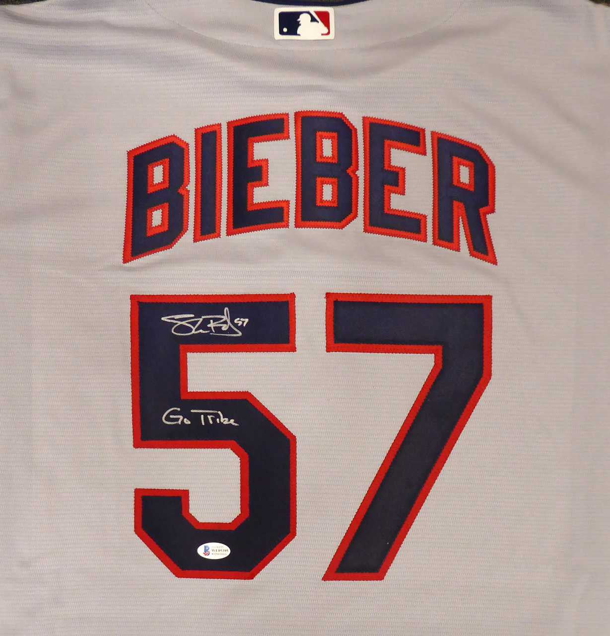 Cleveland Indians Shane Bieber Autographed Gray Nike Jersey Size XL "Go Tribe" Beckett BAS