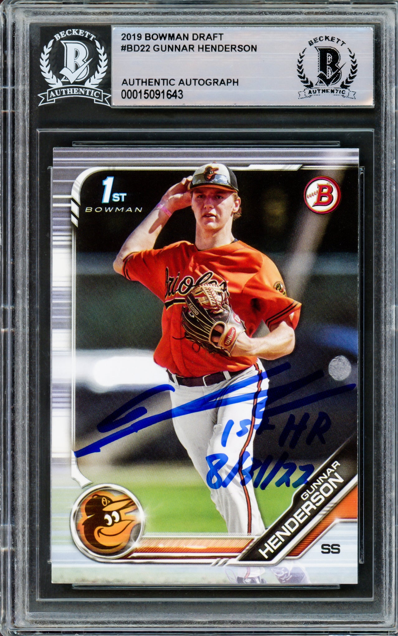 Gunnar Henderson Autographed 2019 Bowman Draft Rookie Card #BD-22 Baltimore Orioles "1st HR 8/31/22" Beckett BAS