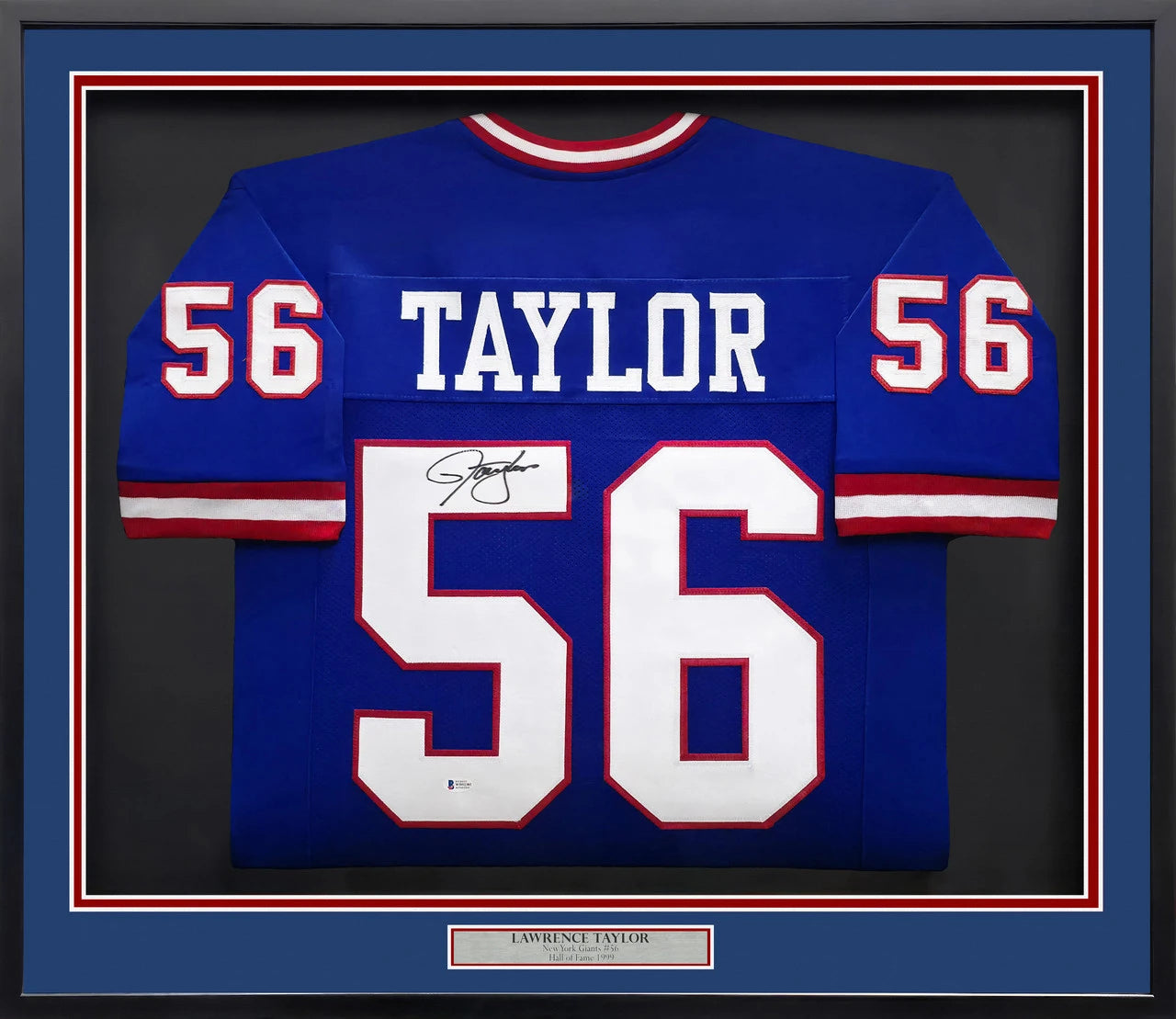 Lawrence Taylor Autographed Framed New York Giants Blue Jersey (Approx. 31x36) - Beckett BAS Authenticated
