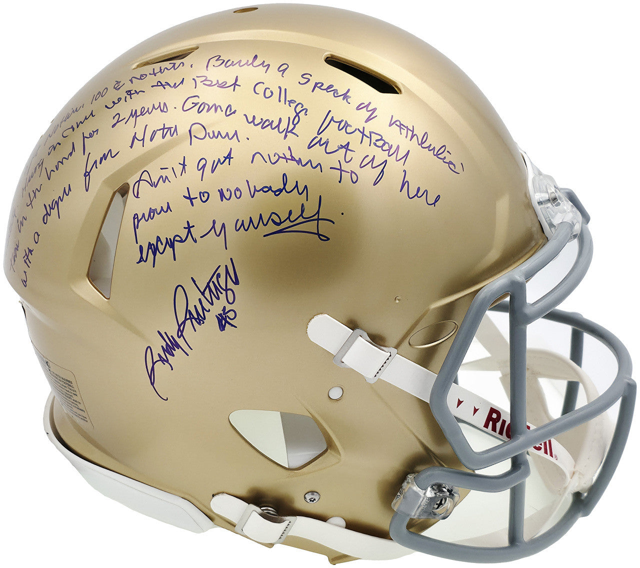 Rudy Ruettiger Autographed Notre Dame Gold Full-Size Authentic Speed Helmet w/ Full Movie Speech – Beckett BAS Witness