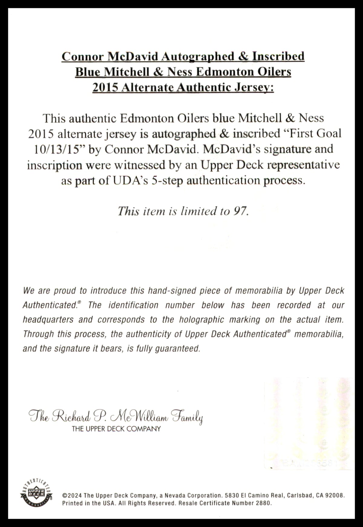 Connor McDavid Signed Framed 2015 Oilers Alt Blue Jersey #/97 – UDA COA