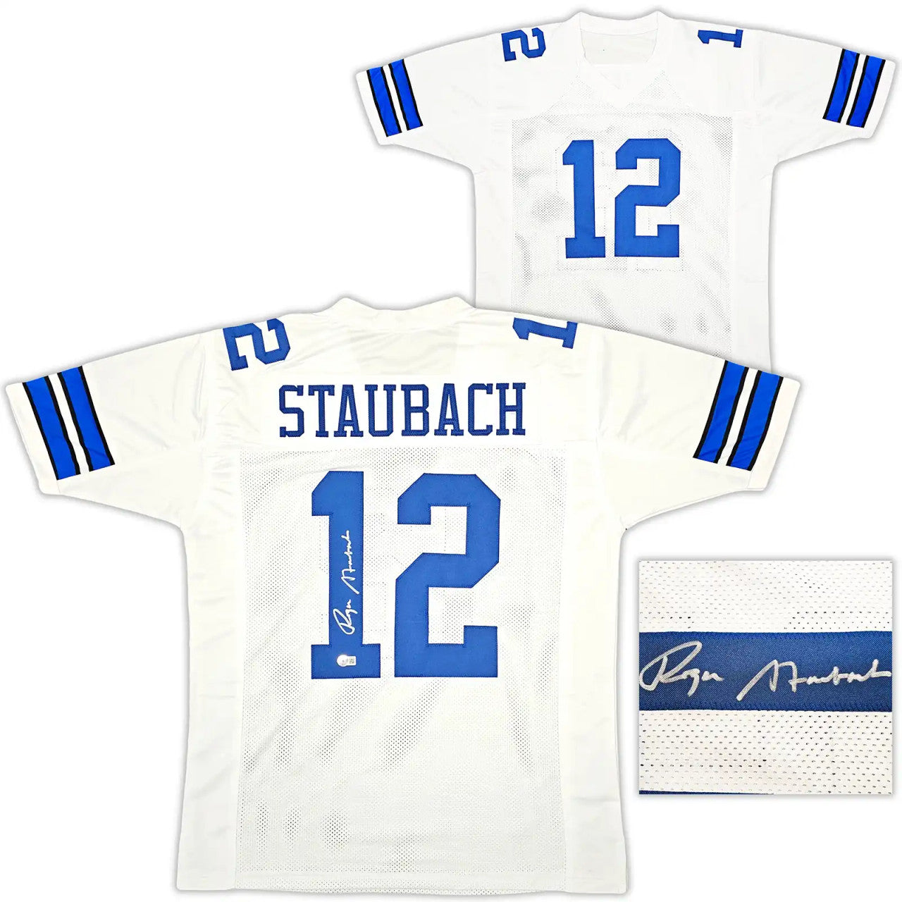 Roger Staubach Signed Dallas Cowboys White Football Jersey – Beckett BAS Witness COA