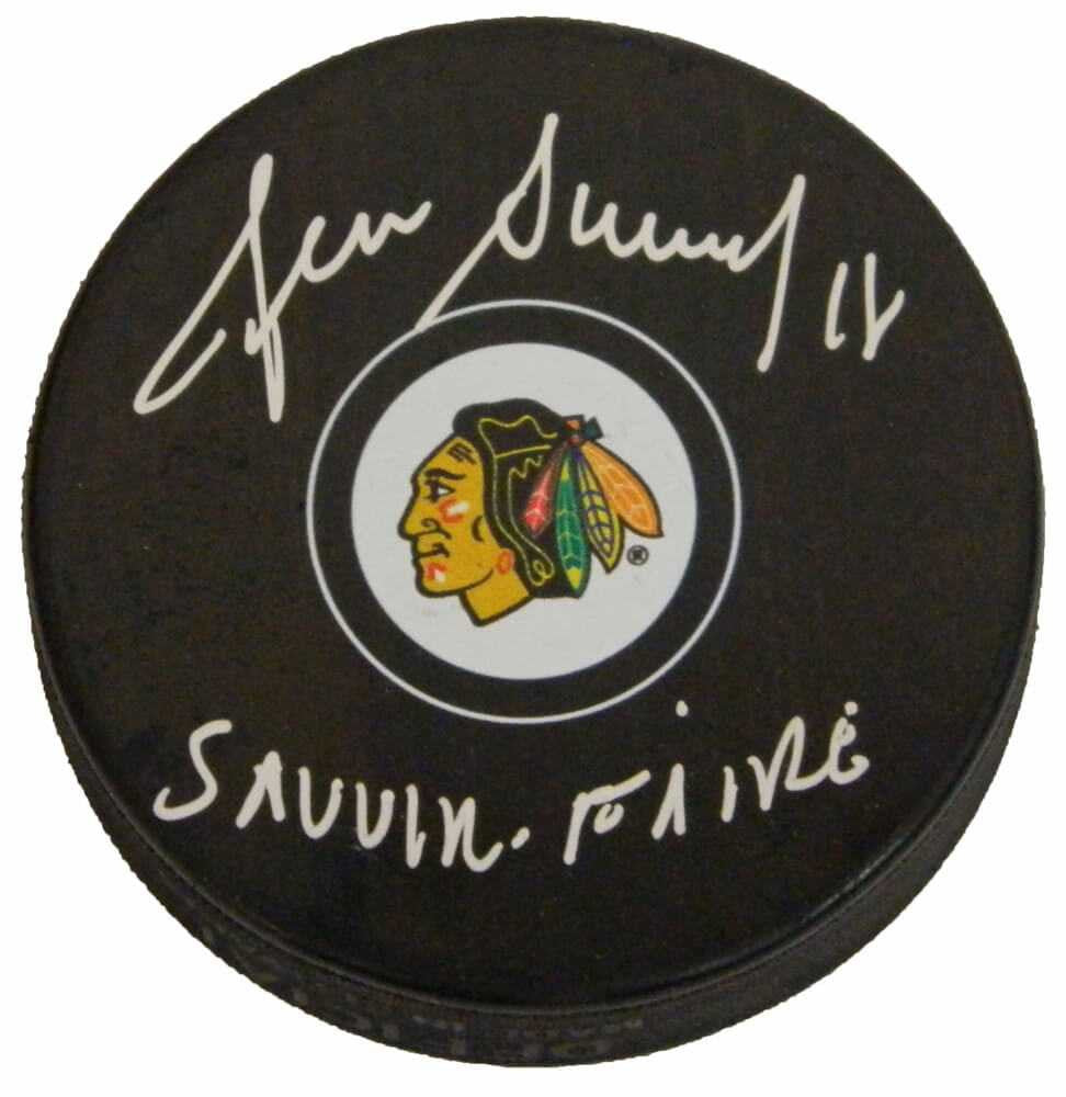 Denis Savard Signed Chicago Blackhawks Logo Hockey Puck w/Savoir Faire - Schwartz Authenticated