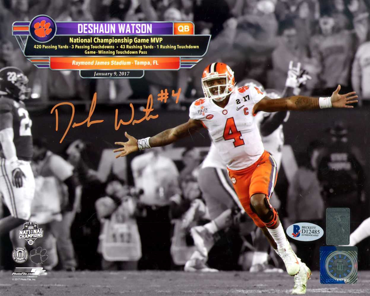 Deshaun Watson Autographed 8x10 Photo Clemson Tigers Beckett BAS