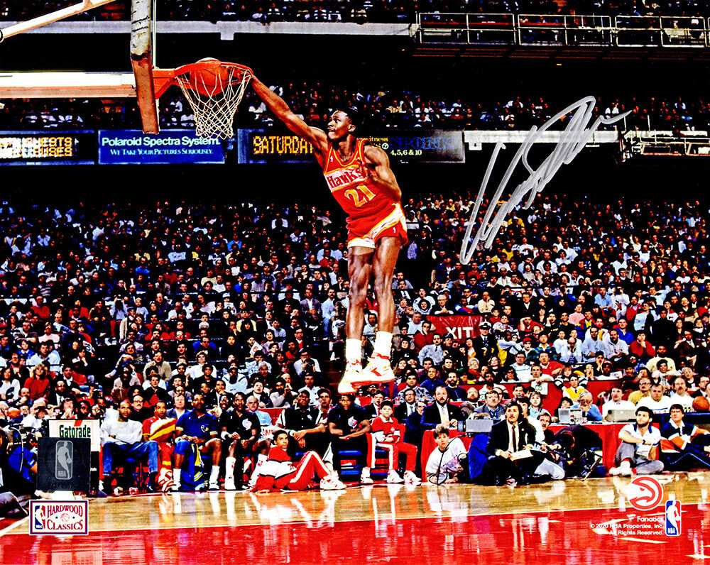 Dominique Wilkins Signed Atlanta Hawks One Hand Slam Dunk Action 8x10 Photo - Schwartz Authenticated