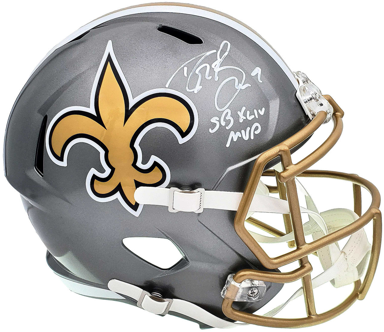 Drew Brees Autographed New Orleans Saints Flash Silver Full-Size Replica Speed Helmet “SB XLIV MVP” (Beckett BAS QR)