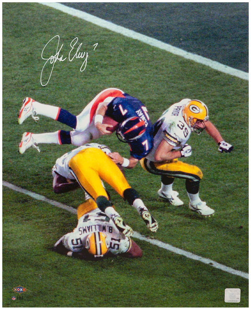 John Elway Signed Denver Broncos Super Bowl XXXII Helicopter Hit 16x20 Photo Schwartz Authenticated
