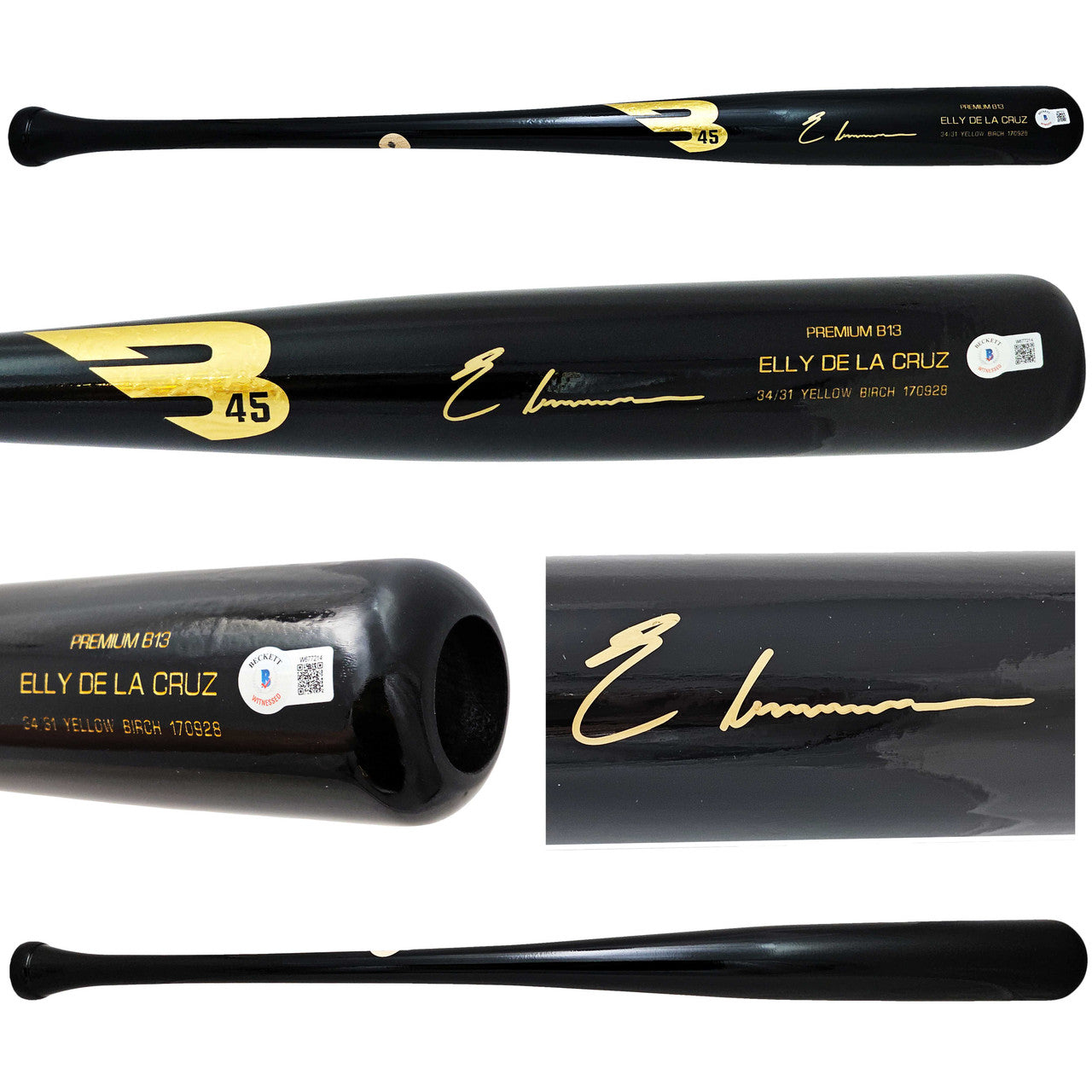 Elly De La Cruz Autographed Black B45 Player Model Bat Cincinnati Reds Beckett BAS Witness