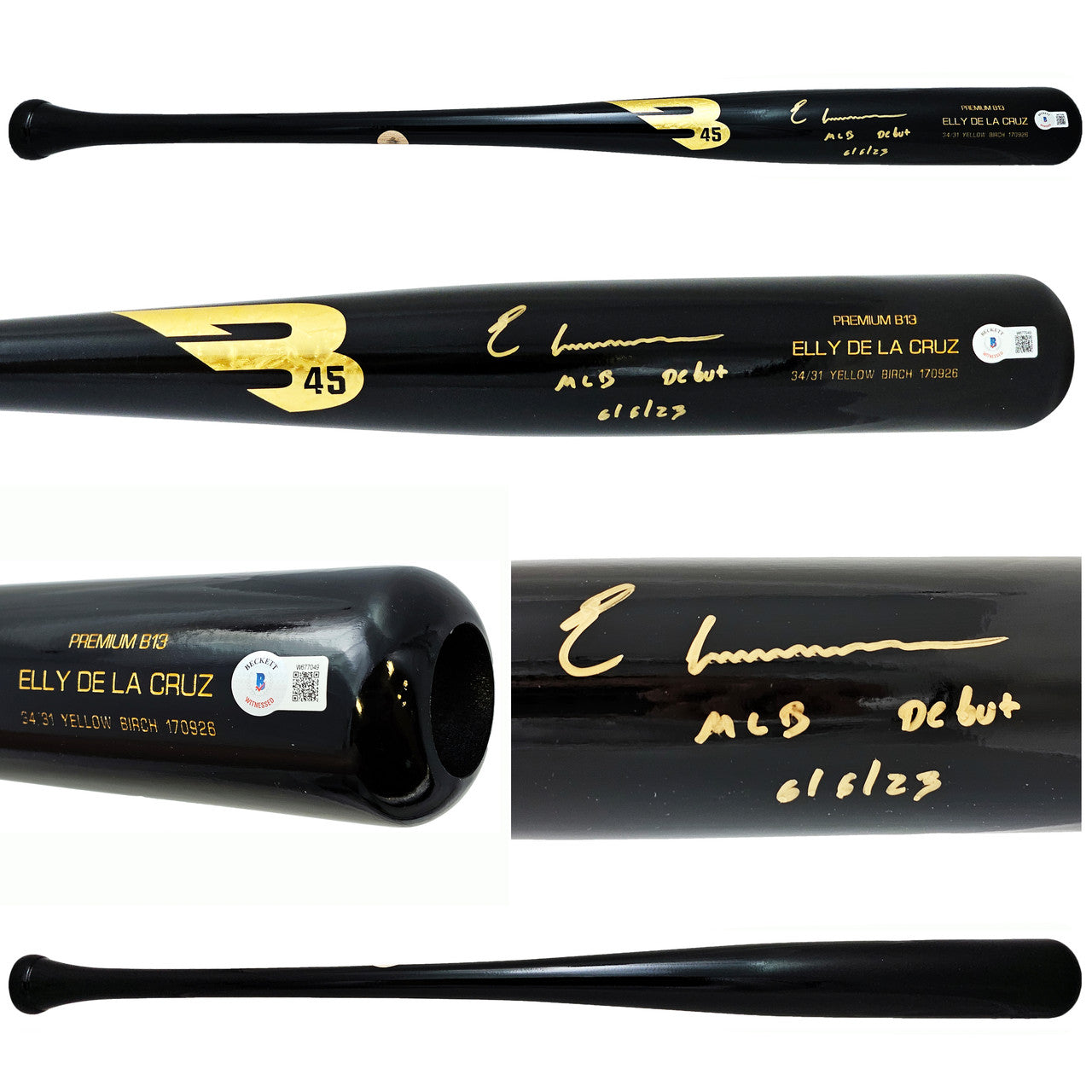 Elly De La Cruz Autographed Black B45 Player Model Bat Cincinnati Reds "MLB Debut 6/6/23" Beckett BAS Witness