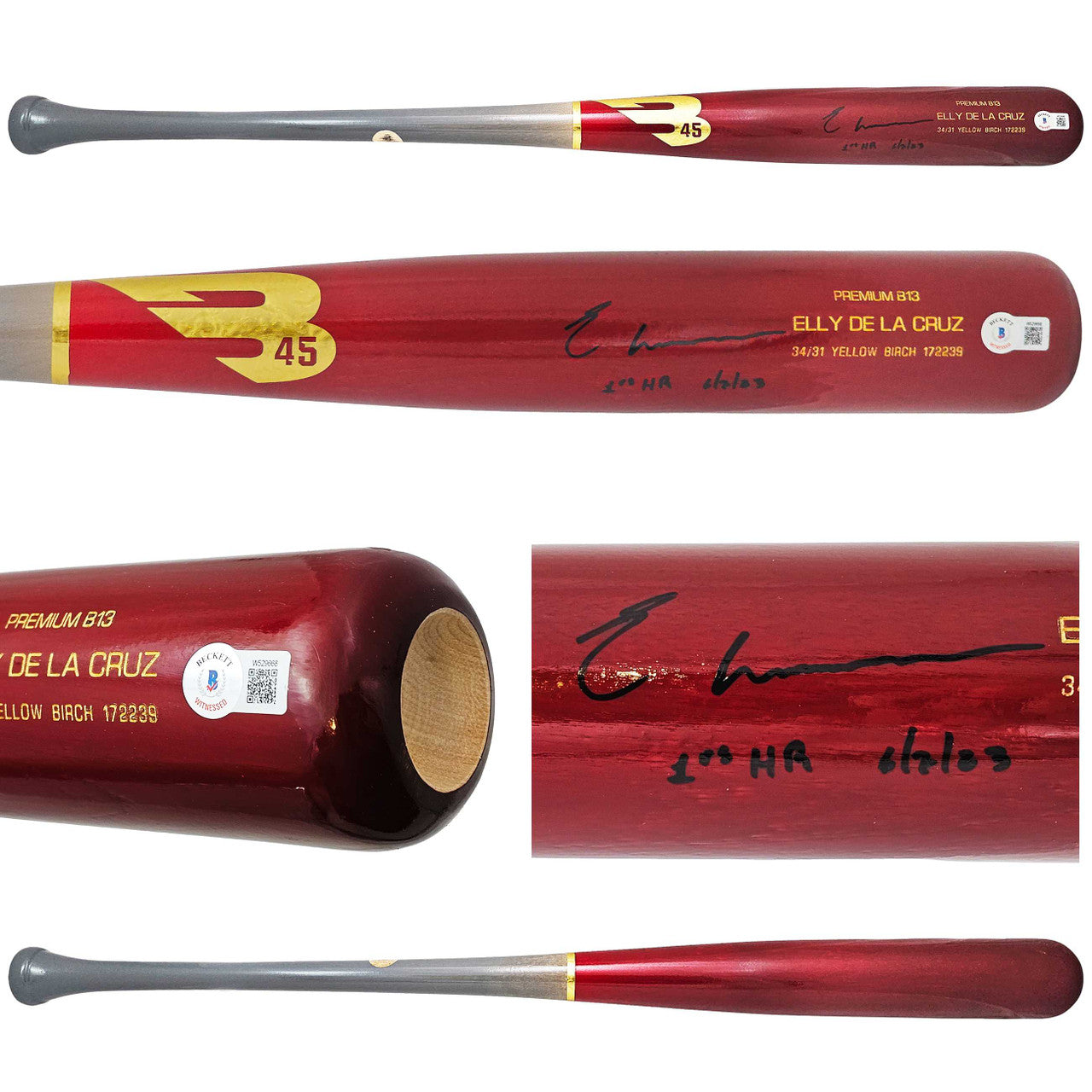 Elly De La Cruz Autographed Red B45 Player Model Bat Cincinnati Reds "1st MLB HR 6/7/23" Beckett BAS Witness