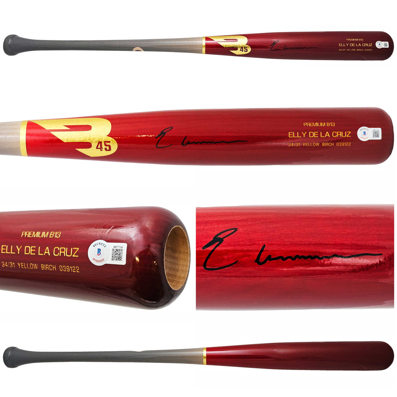 Elly De La Cruz Autographed Red B45 Player Model Bat Cincinnati Reds Beckett BAS Witness