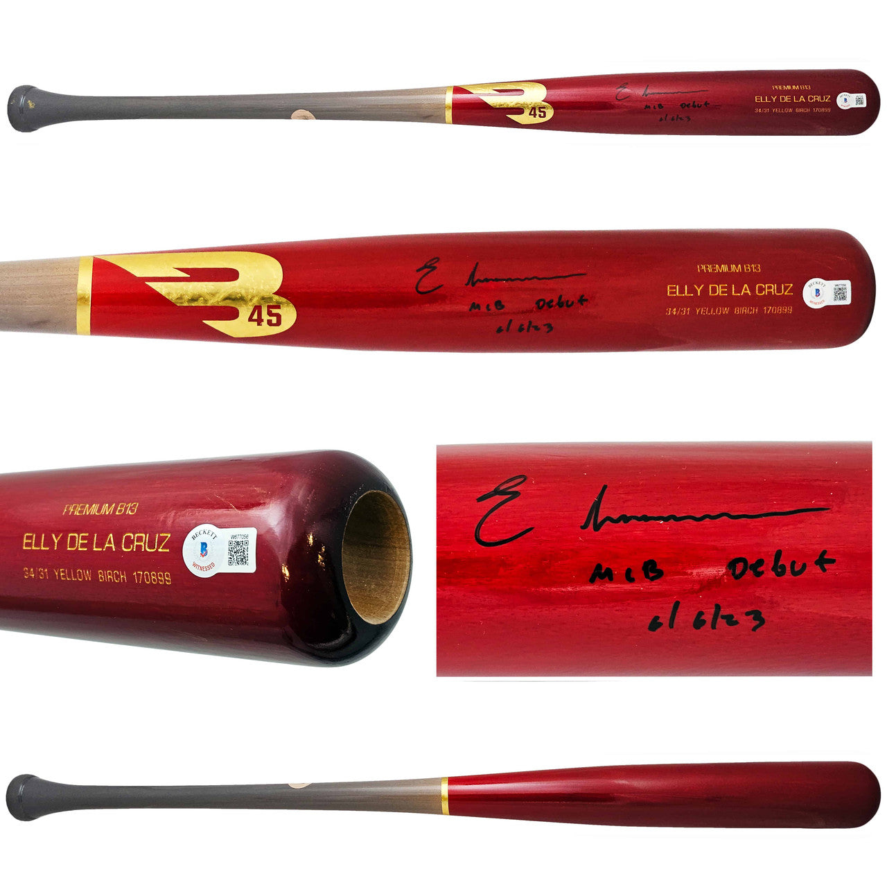 Elly De La Cruz Autographed Red B45 Player Model Bat Cincinnati Reds "MLB Debut 6/6/23" Beckett BAS Witness