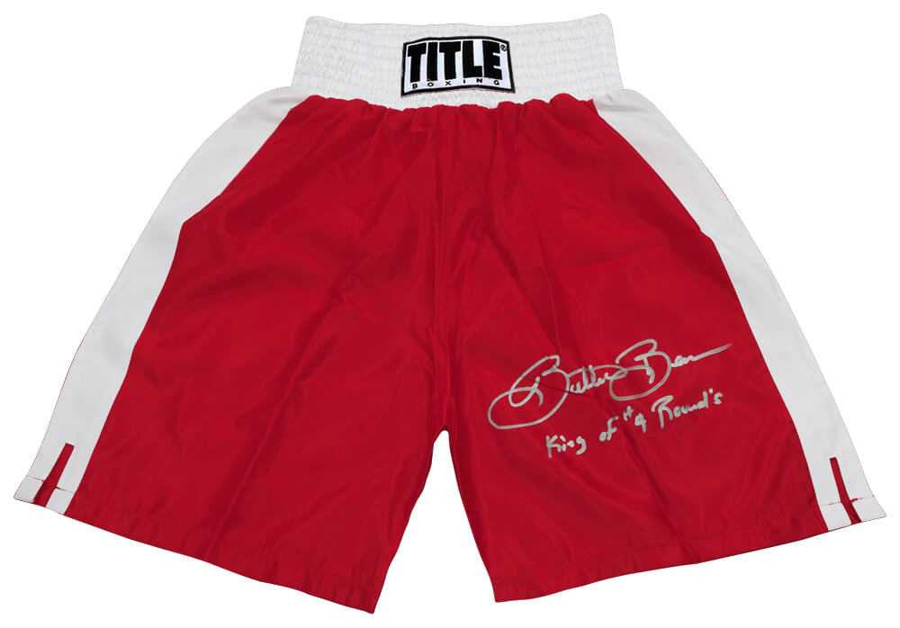 Eric 'Butterbean' Esch Signed Title Red & White Trim Boxing Trunks w/King of 4 Rounds