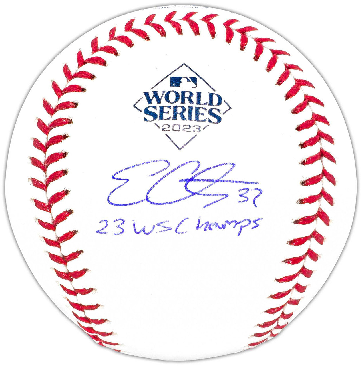 Evan Carter Autographed Official 2023 World Series Logo MLB Baseball Texas Rangers "23 WS Champs" Beckett BAS Witness