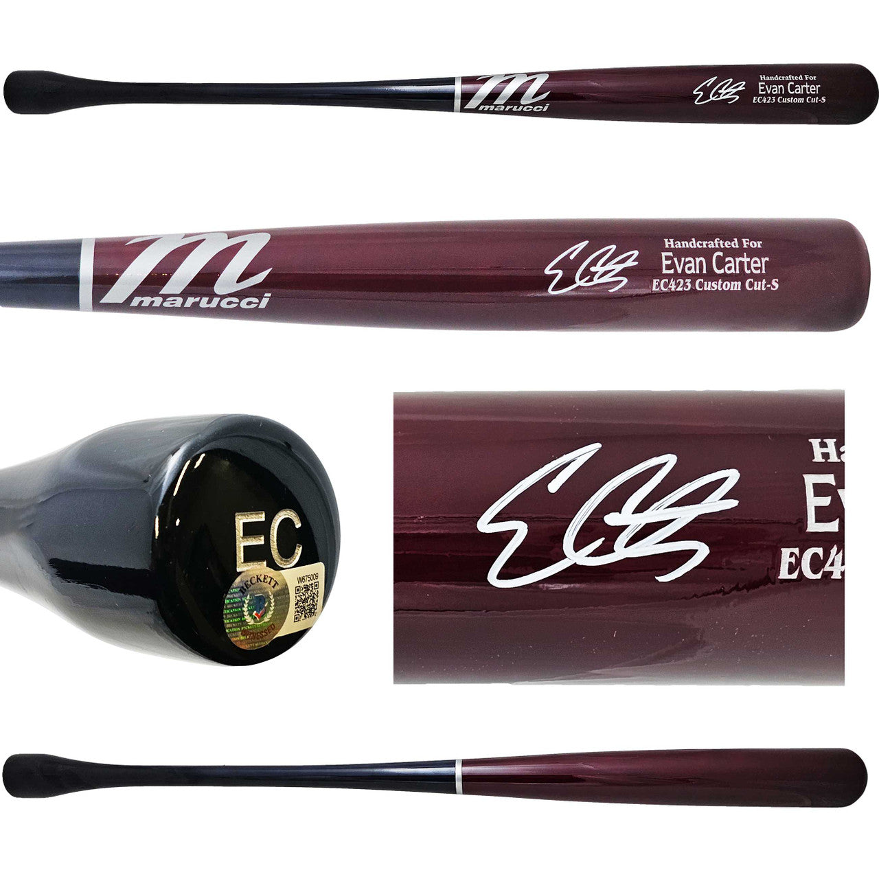 Evan Carter Autographed Red Marucci Player Model Bat Texas Rangers Beckett BAS Witness