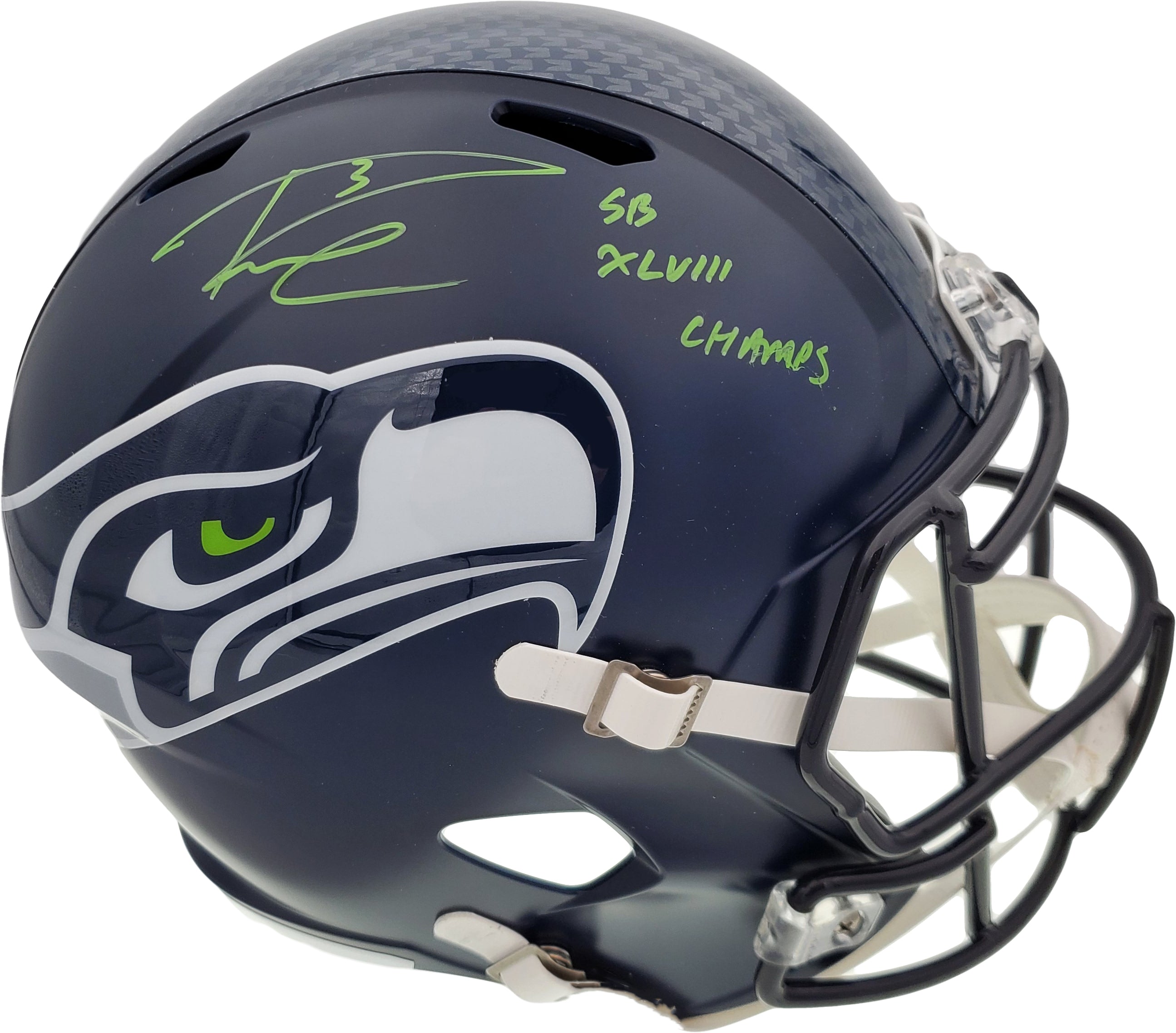 Russell Wilson Signed Seahawks Full Size Speed Helmet "SB XLVIII Champs" Green RW Authenticated