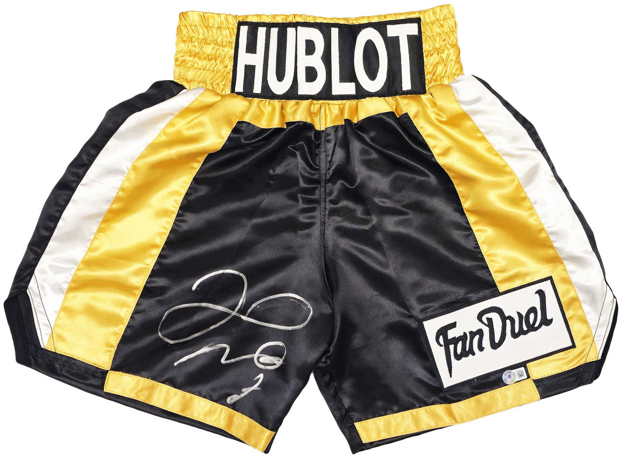 Floyd Mayweather Jr. Autographed Black & Gold Boxing Trunks Beckett BAS Witness