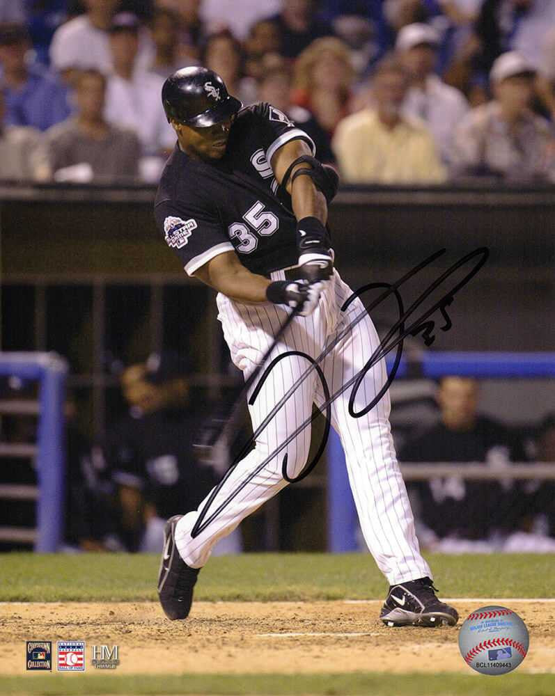 Frank Thomas Signed White Sox Black Jersey Swinging 8x10 Photo
