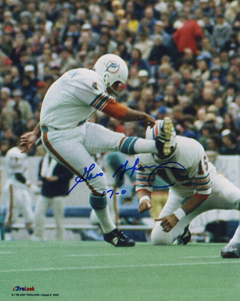 Garo Yepremian Signed Miami Dolphins Field Goal 8x10 Photo w/17-0 - Schwartz Authenticated