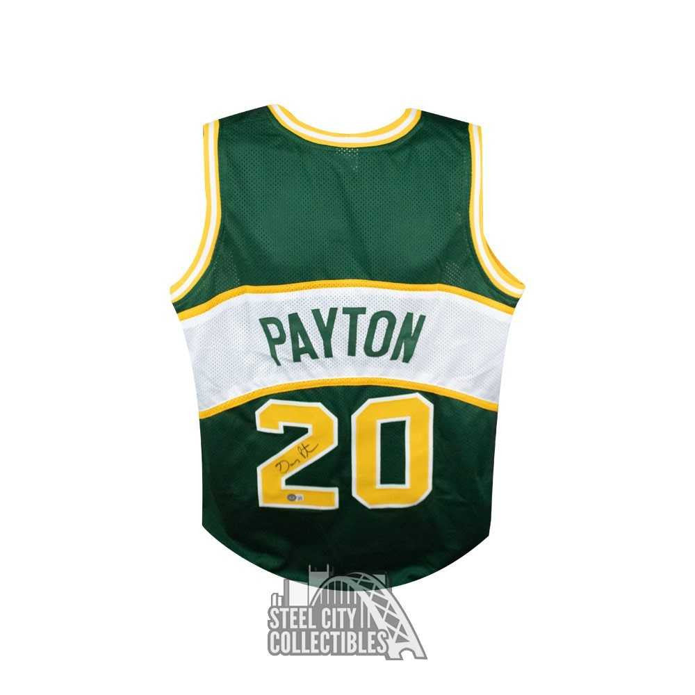 Gary Payton Autographed Seattle Supersonics Custom Green Basketball Jersey - BAS COA (Yellow #s)