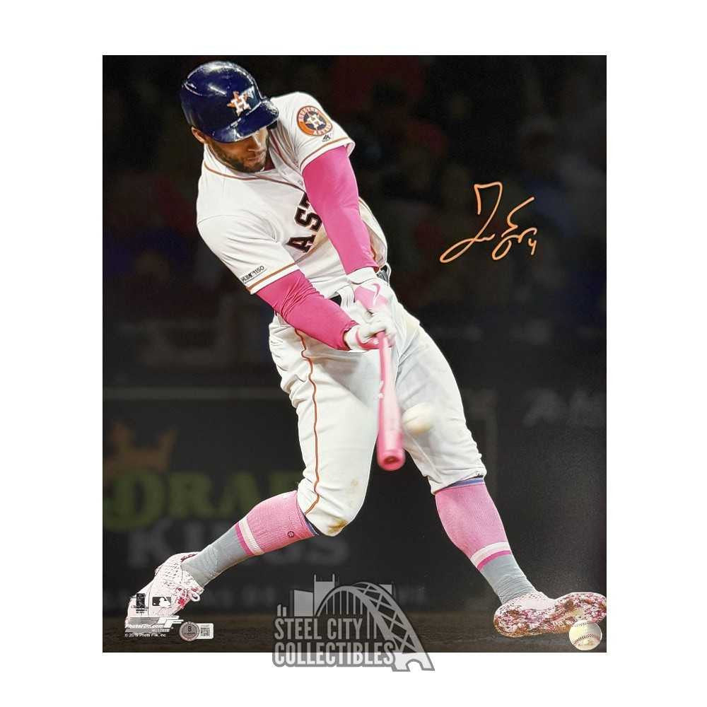 George Springer Autographed Houston 16x20 Baseball Photo - BAS (Swinging, Pink Gear)
