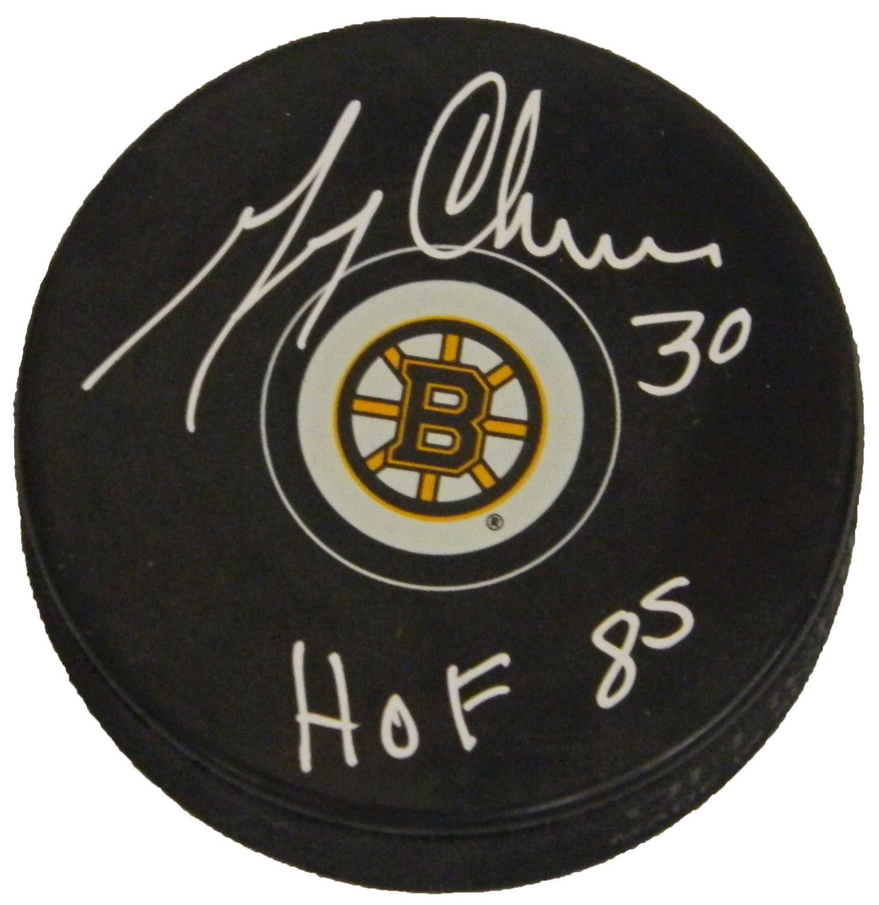 Gerry Cheevers Signed Boston Bruins Logo Hockey Puck w/HOF 85 - Schwartz Authentic