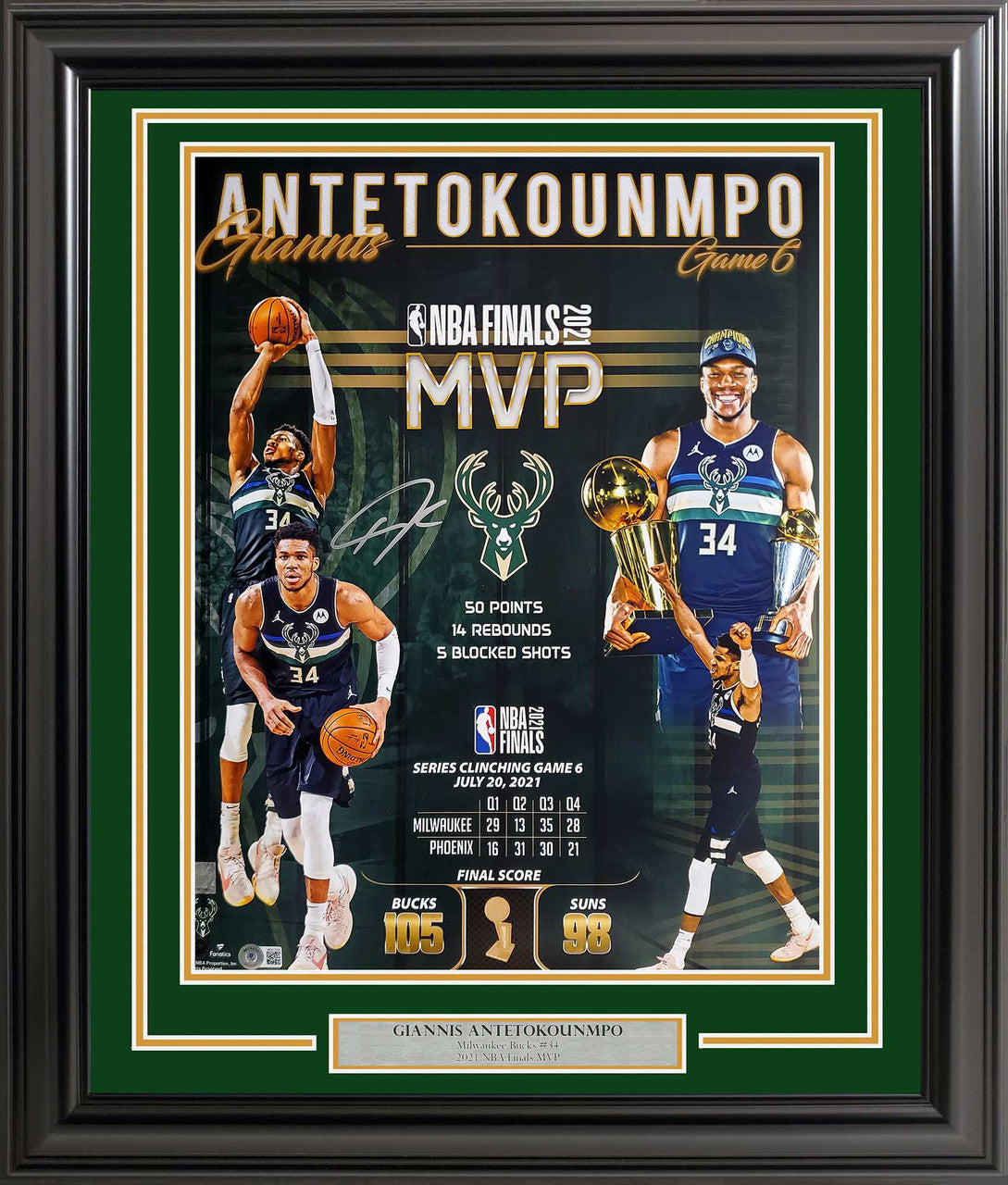 Giannis Antetokounmpo Signed 16x20 Framed Bucks Finals MVP Photo – BAS QR