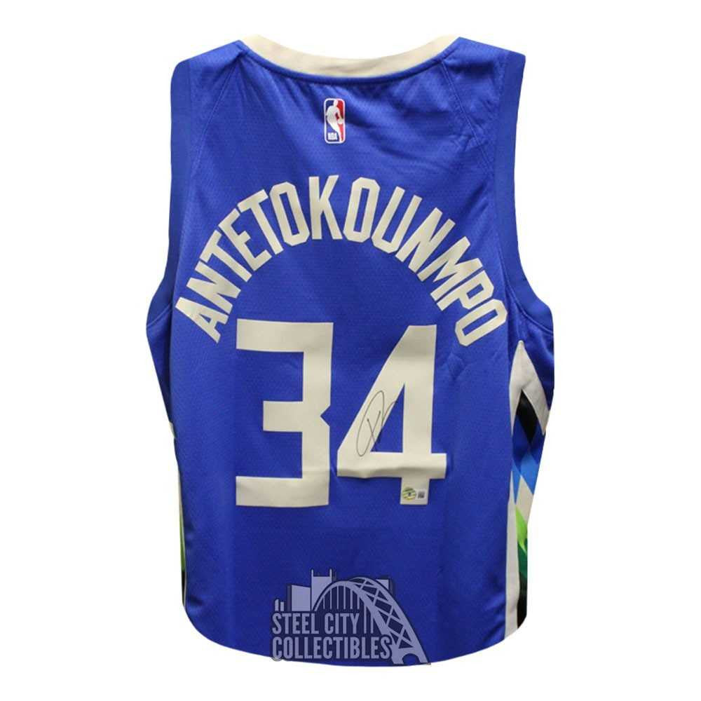 Giannis Antetokounmpo Signed Milwaukee City Edition Blue Jersey – BAS