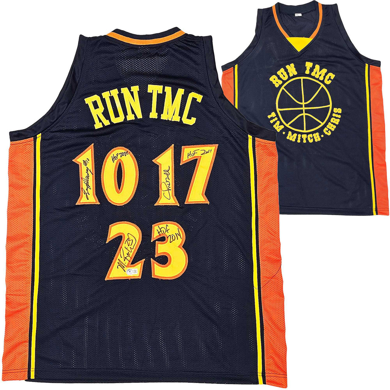 Golden State Warriors Chris Mullin, Tim Hardaway & Mitch Richmond Autographed Dark Blue Jersey Run TMC "HOF" Beckett BAS Witness Stock #216820