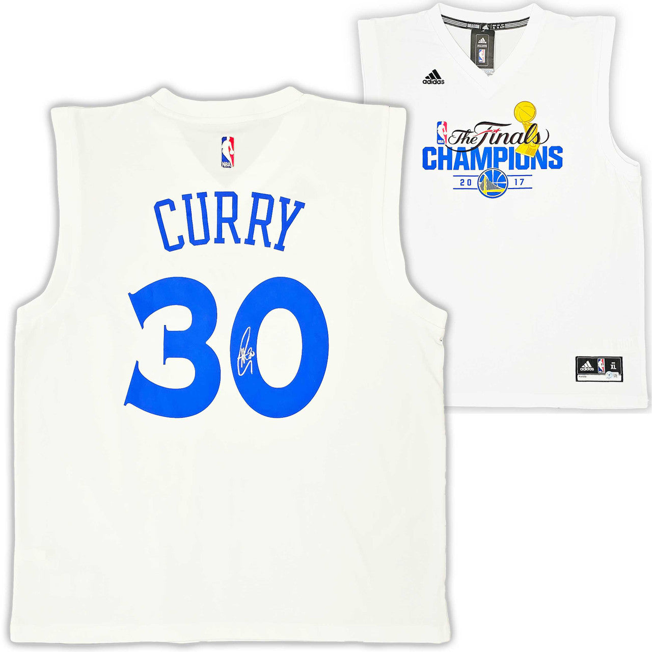 Golden State Warriors Stephen Curry Autographed White Adidas 2017 NBA Finals Champions Jersey Size XL Beckett BAS QR