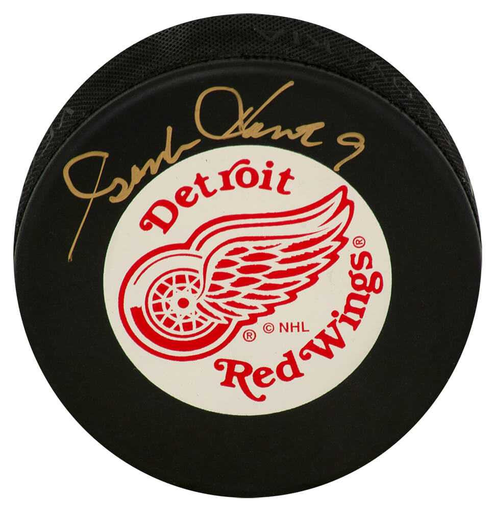 Gordie Howe Autographed Detroit Red Wings Large Logo White Background Hockey Puck – JSA COA
