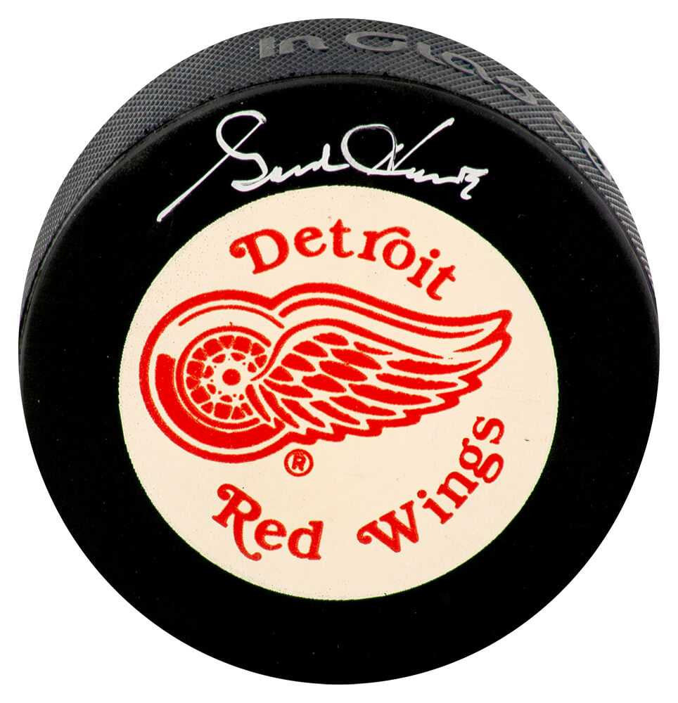 Gordie Howe Autographed Detroit Red Wings Large Logo White Background Hockey Puck (Silver Ink) – JSA COA
