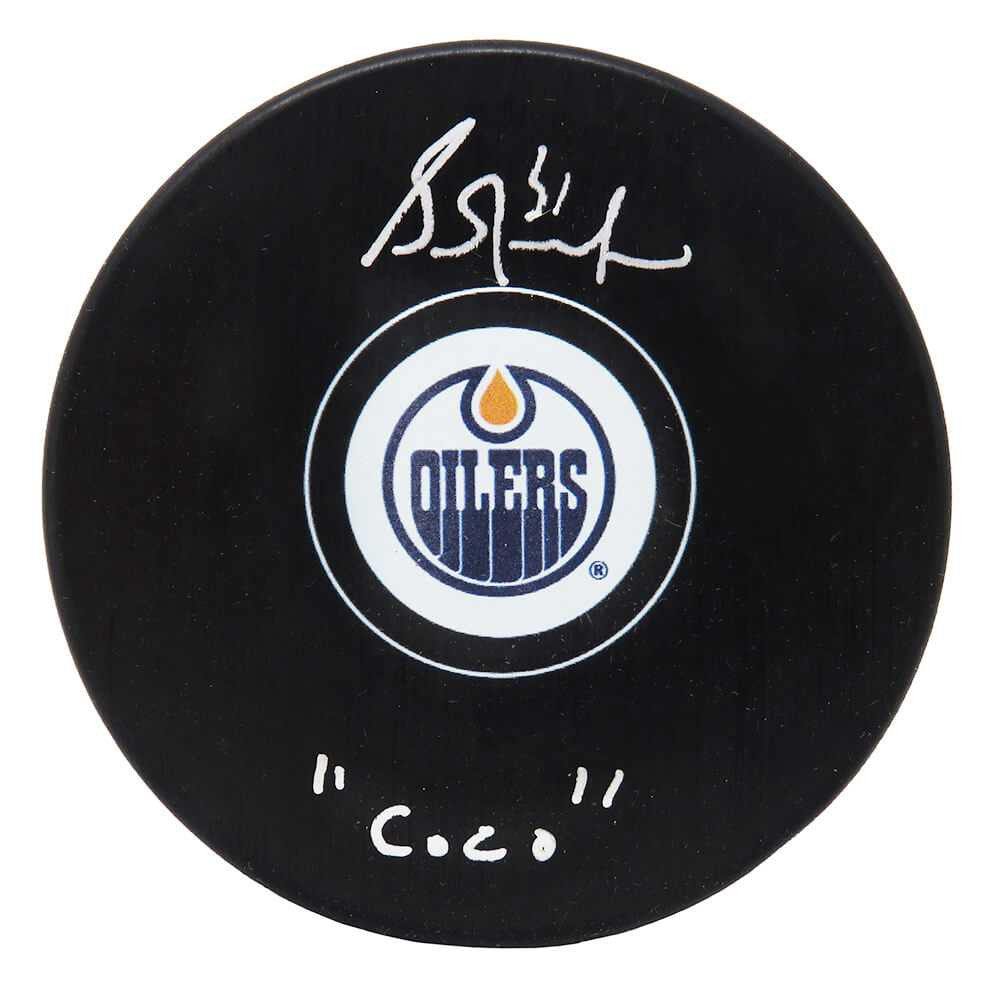 Grant Fuhr Signed Edmonton Oilers Logo Hockey Puck w/Coco - Schwartz Authentic