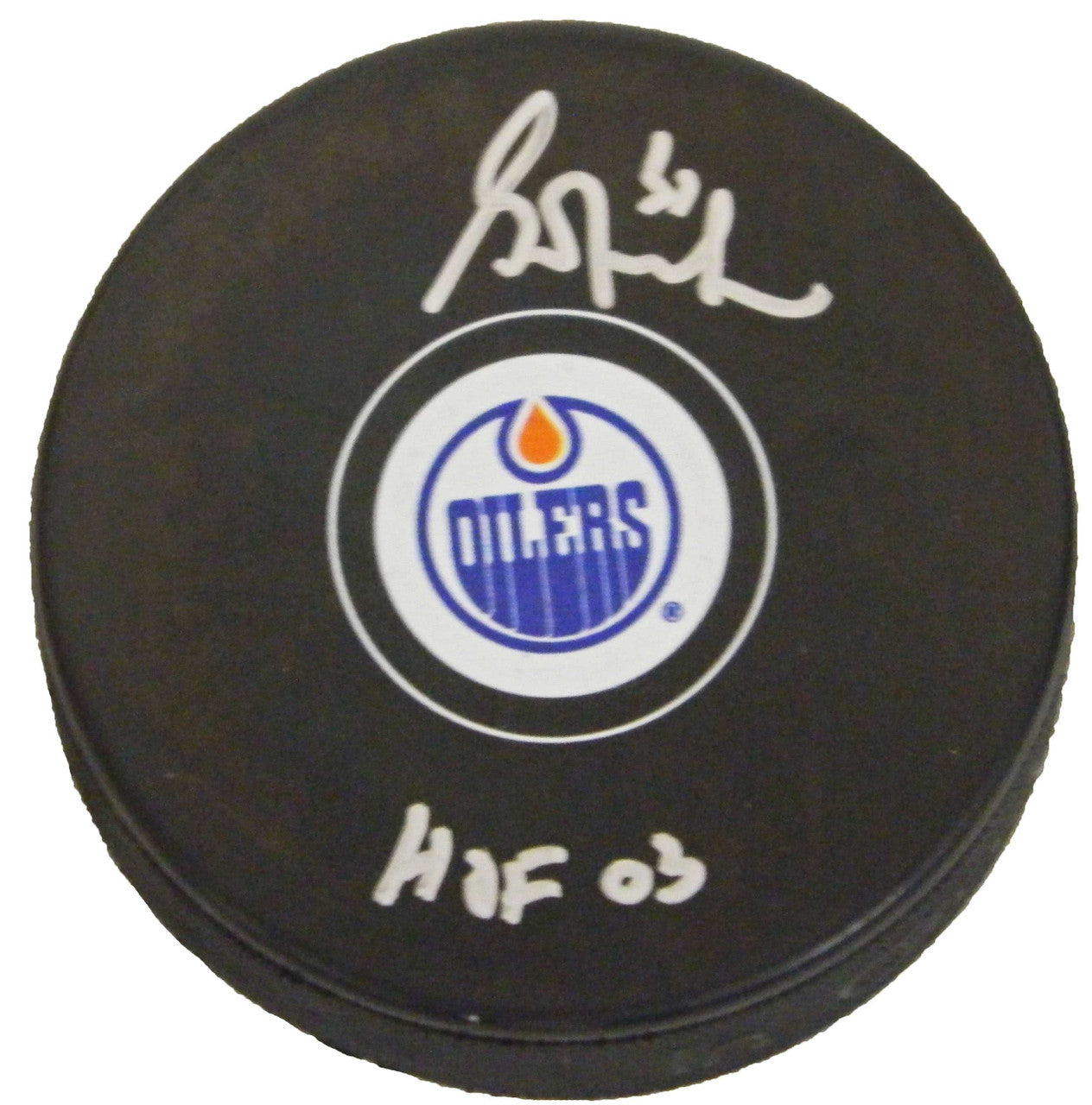 Grant Fuhr Signed Edmonton Oilers Logo Hockey Puck w/HOF 03 - Schwartz Authentic