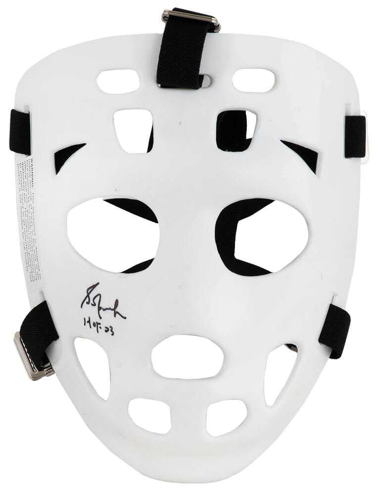 Grant Fuhr Signed White Throwback Hockey Goalie Mask With Black Straps w/HOF'03 - Schwartz Authenticated