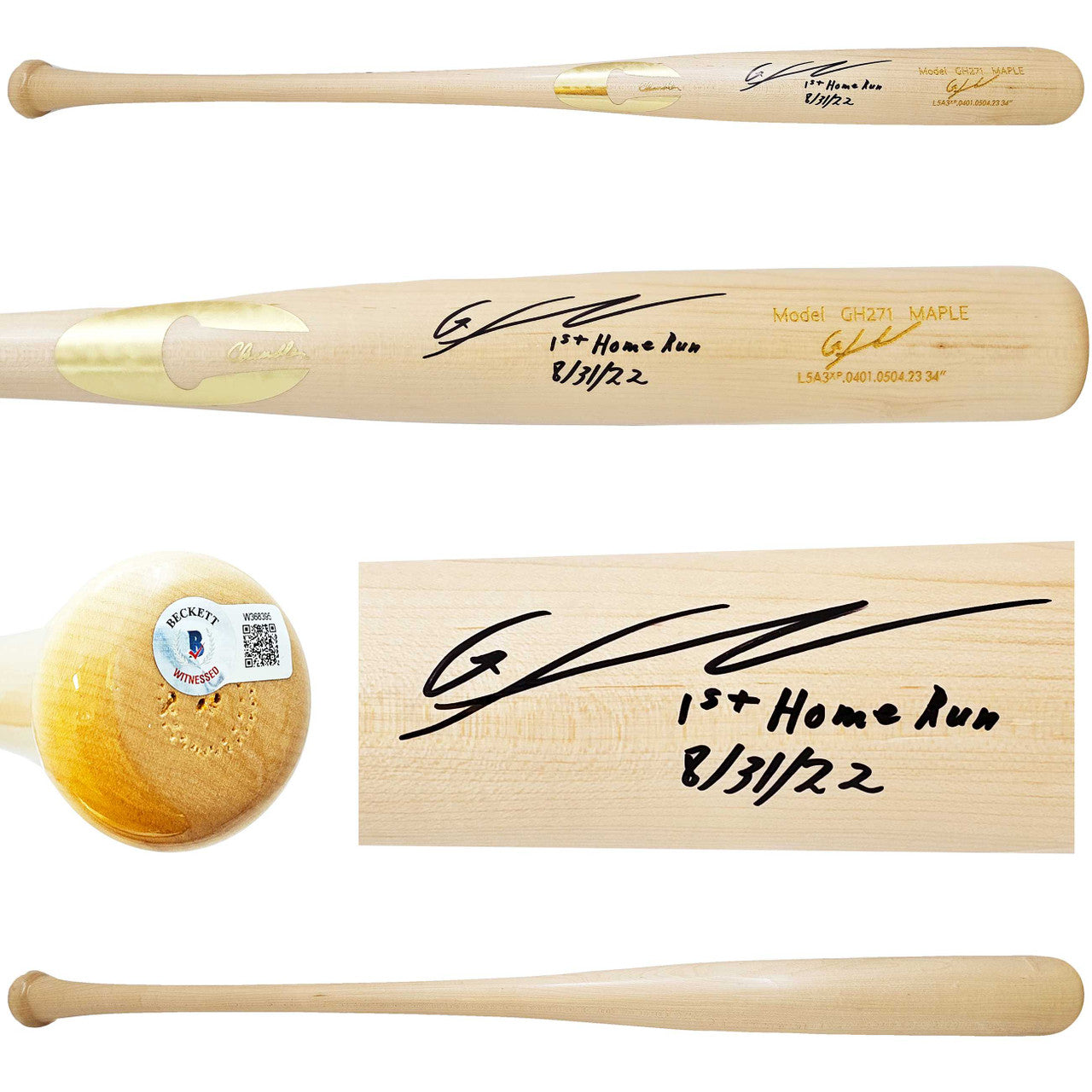 Gunnar Henderson Autographed Blonde Chandler Player Model Bat Baltimore Orioles "1st Homerun 8/31/22" Beckett BAS Witness