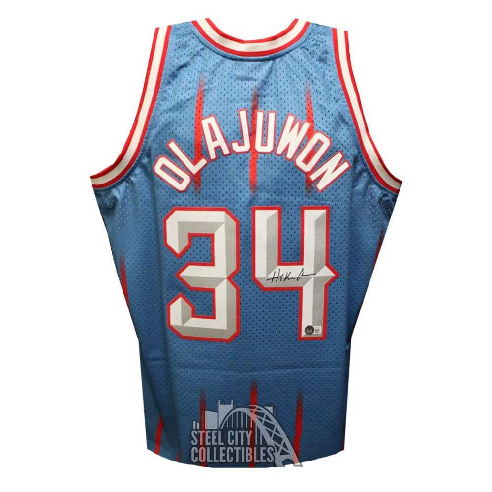 Hakeem Olajuwon Autographed Houston Mitchell & Ness Blue LARGE Basketball Jersey - BAS