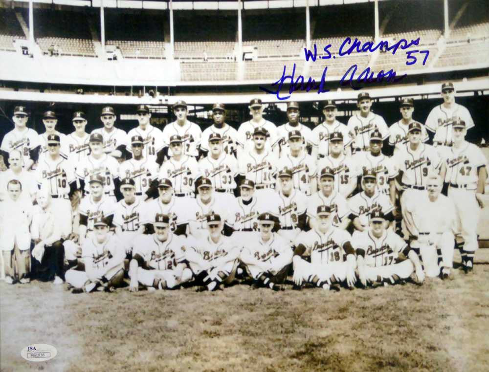 Hank Aaron Autographed 11x14 Photo Braves "WS Champs 57" JSA #M61836