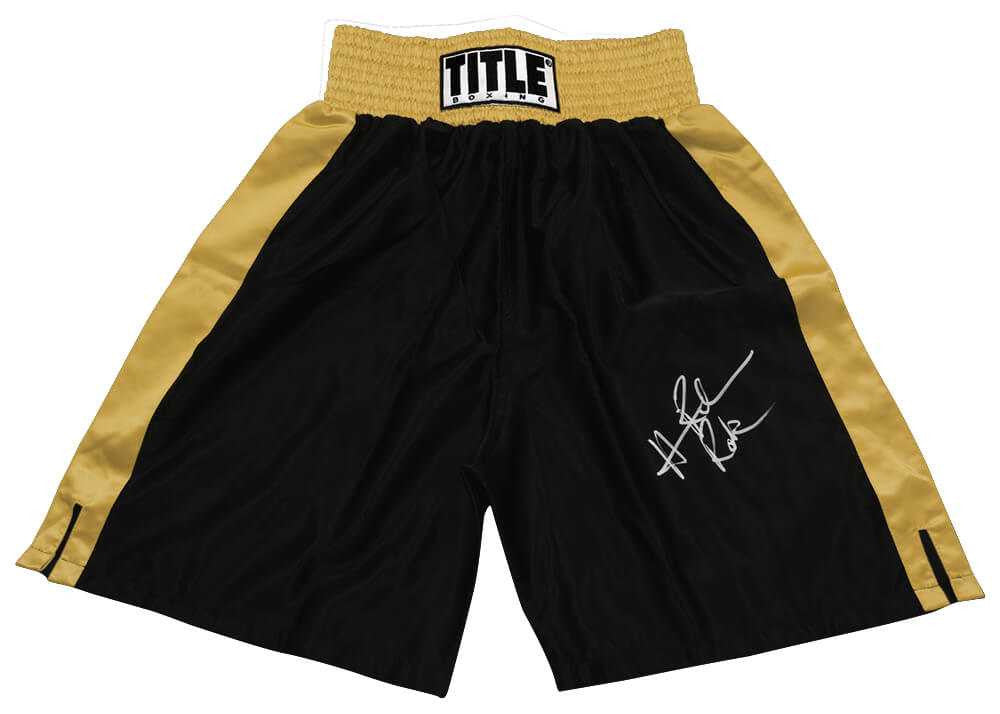 Hasim Rahman Signed Title Black & Gold Boxing Trunks w/Rock
