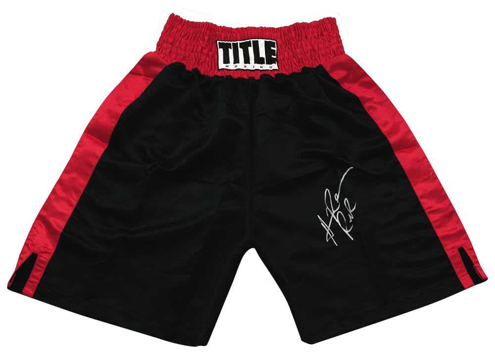 Hasim Rahman Signed Title Black & Red Boxing Trunks w/Rock