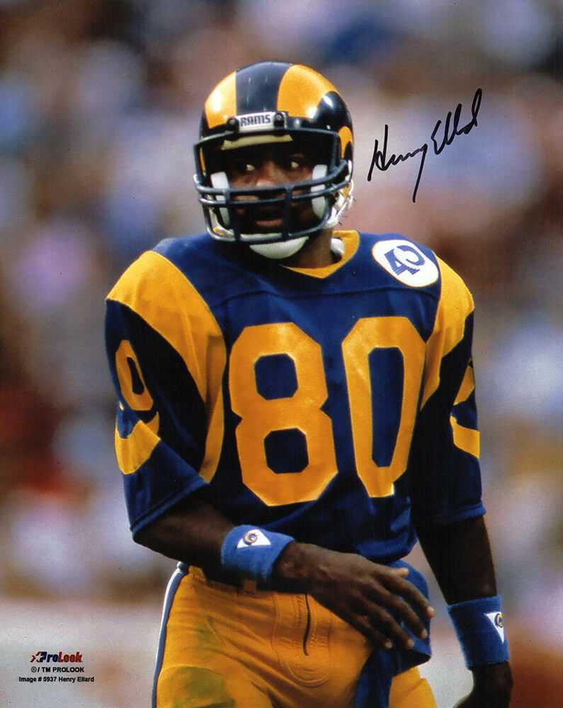 Henry Ellard Signed Los Angeles Rams Blue Jersey Close Up 8x10 Photo